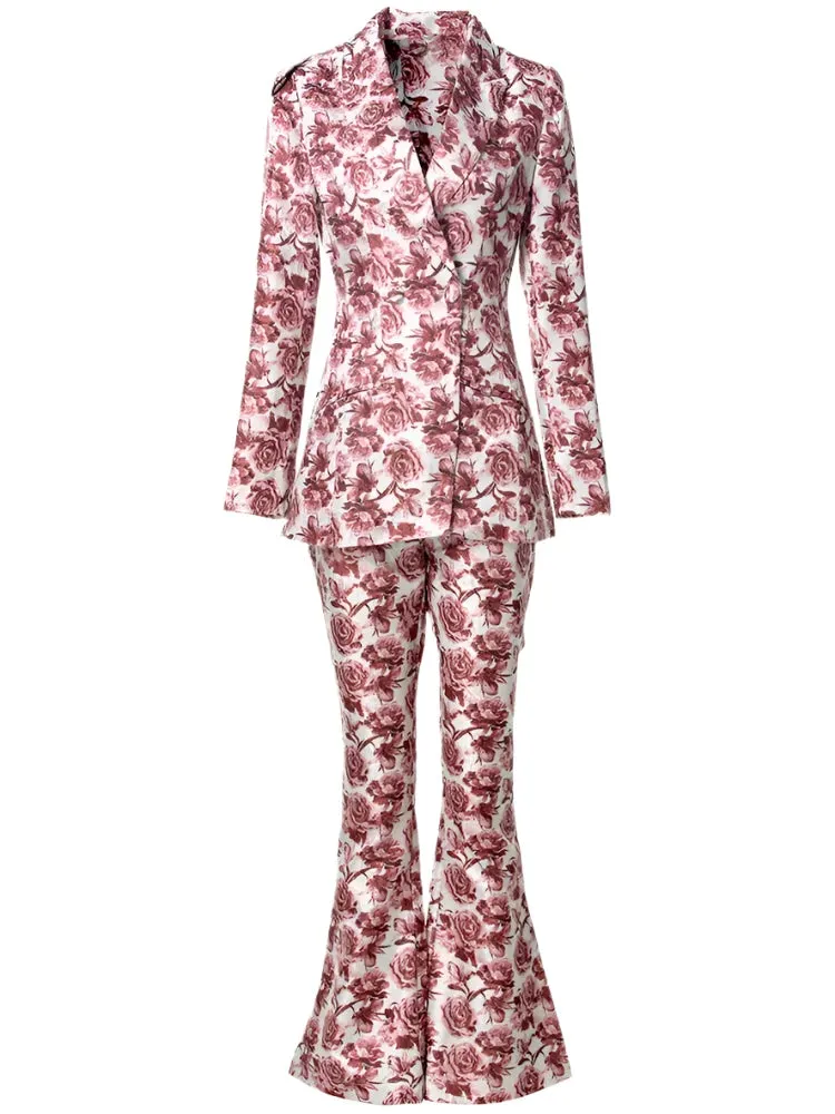 Luna Notched Long Sleeve Coat   Flare Pants Rose Print Office Lady 2 piece Set
