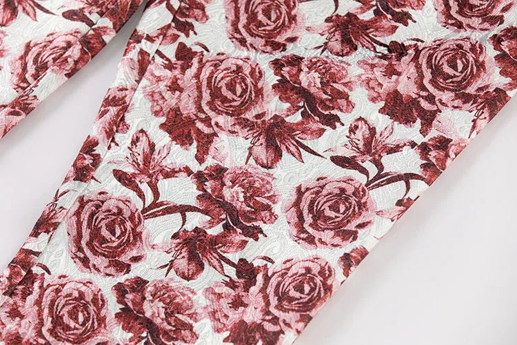 Luna Notched Long Sleeve Coat   Flare Pants Rose Print Office Lady 2 piece Set