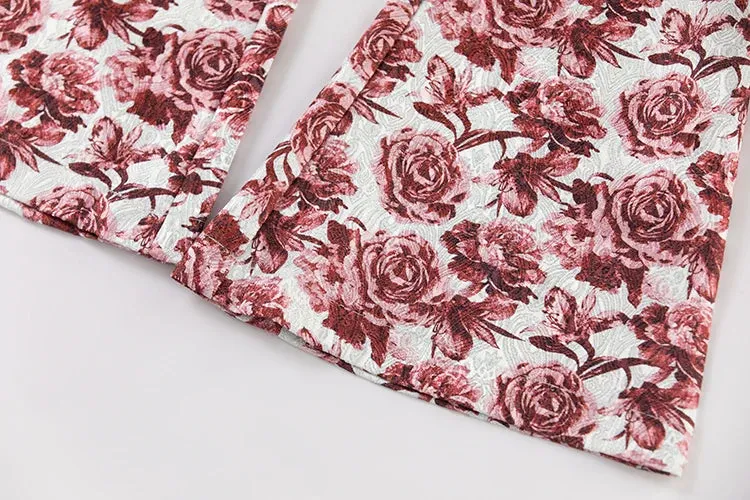 Luna Notched Long Sleeve Coat   Flare Pants Rose Print Office Lady 2 piece Set