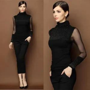 M-3XL Sexy Lace Tops Autumn 2019 blusas new Slim Plus size lace T-Shirt long sleeve Casual shirt beaded openwork Women clothing
