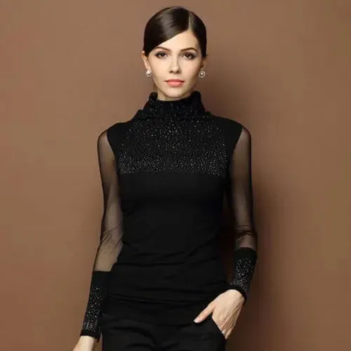 M-3XL Sexy Lace Tops Autumn 2019 blusas new Slim Plus size lace T-Shirt long sleeve Casual shirt beaded openwork Women clothing