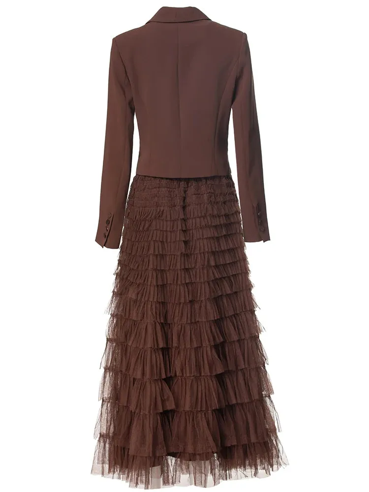Magnolia Long Sleeves Appliques Tops    Elastic Waist Ruffles Mesh Long Skirt 2 Piece Set