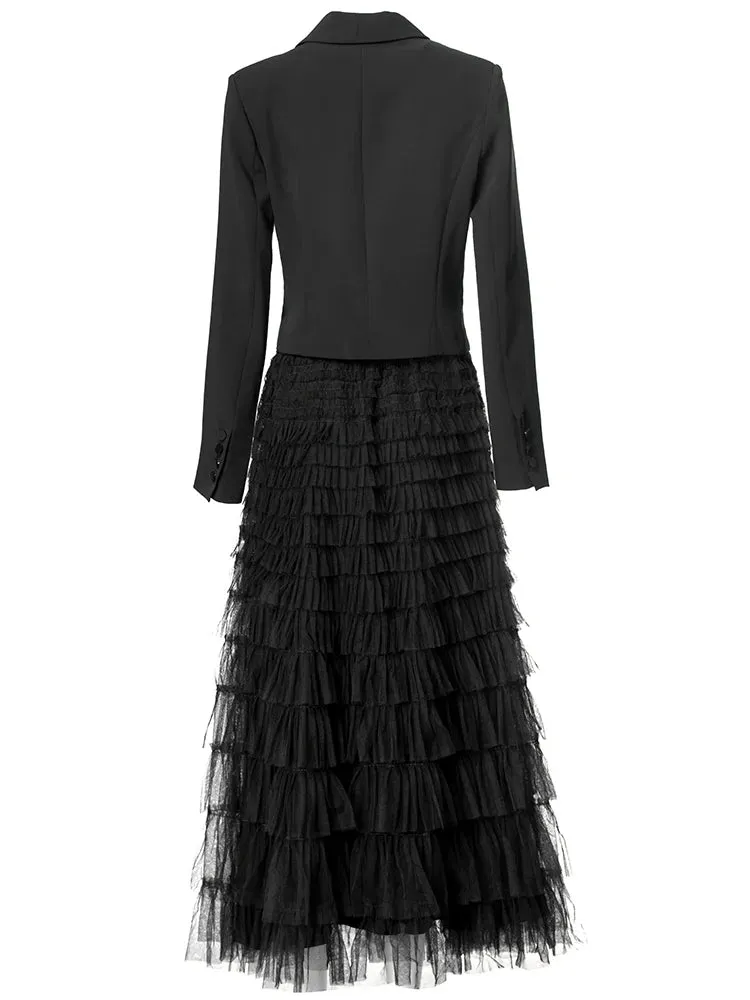 Magnolia Long Sleeves Appliques Tops    Elastic Waist Ruffles Mesh Long Skirt 2 Piece Set