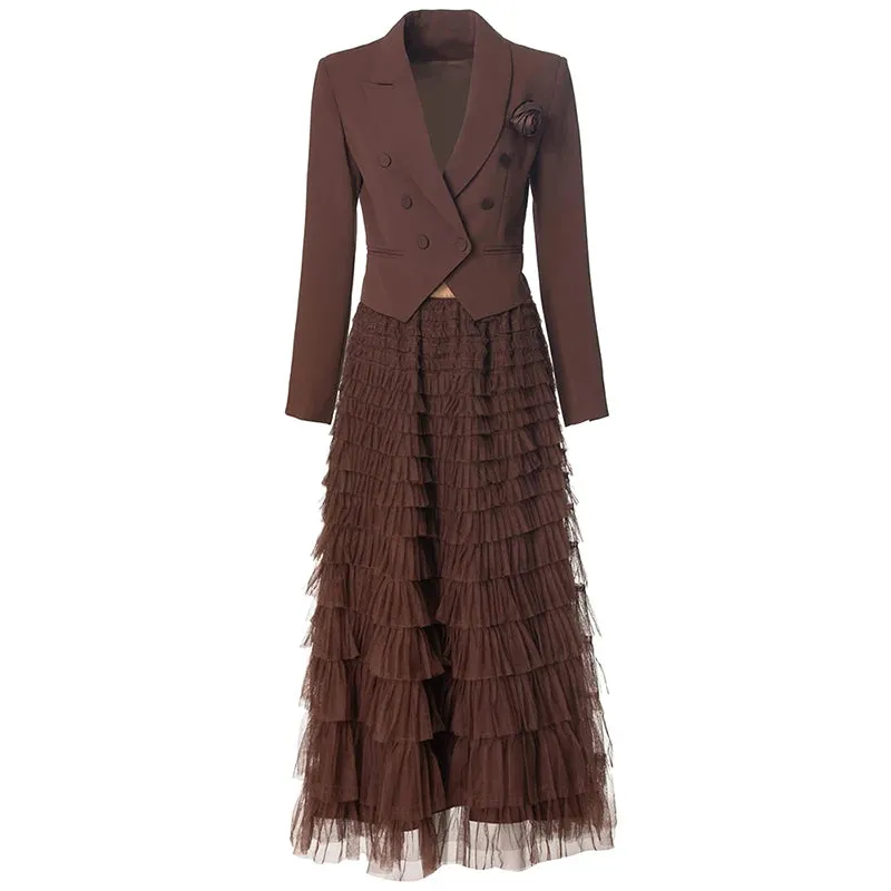 Magnolia Long Sleeves Appliques Tops    Elastic Waist Ruffles Mesh Long Skirt 2 Piece Set