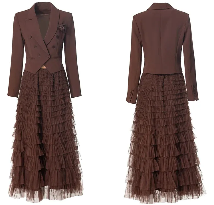 Magnolia Long Sleeves Appliques Tops    Elastic Waist Ruffles Mesh Long Skirt 2 Piece Set