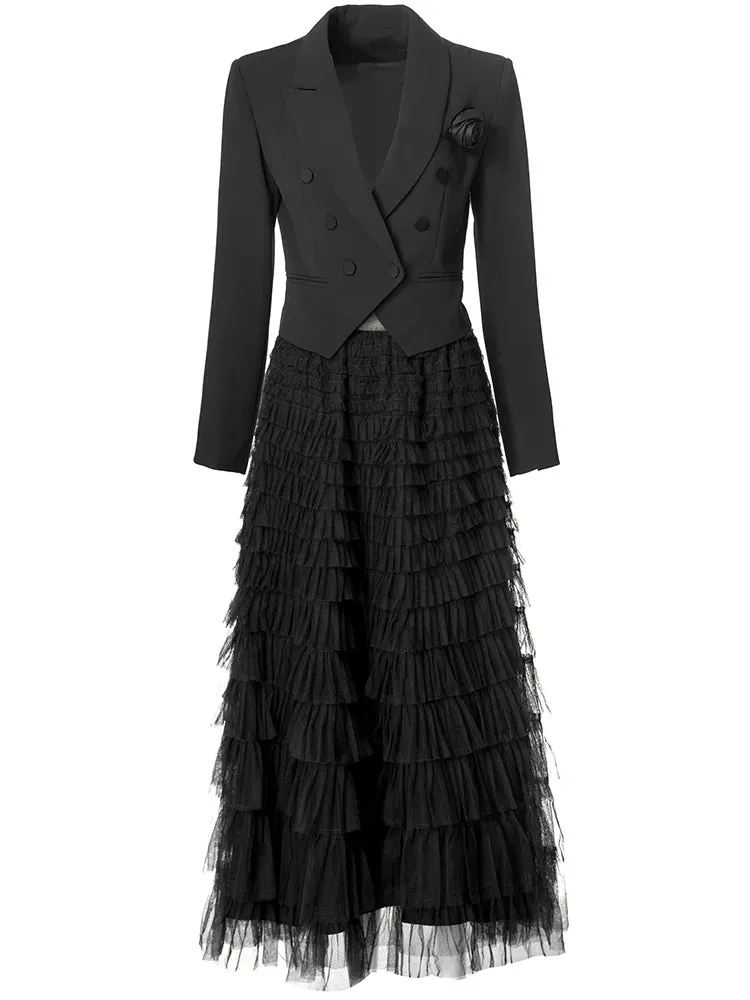Magnolia Long Sleeves Appliques Tops    Elastic Waist Ruffles Mesh Long Skirt 2 Piece Set