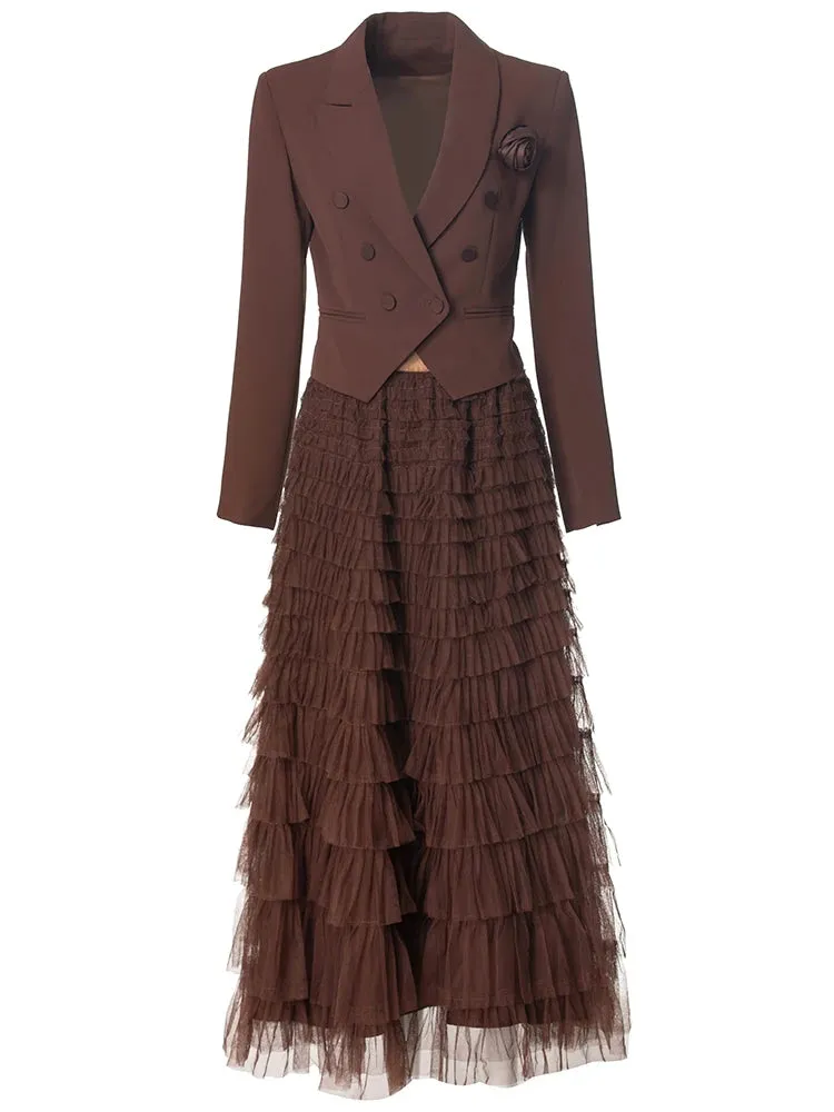 Magnolia Long Sleeves Appliques Tops    Elastic Waist Ruffles Mesh Long Skirt 2 Piece Set