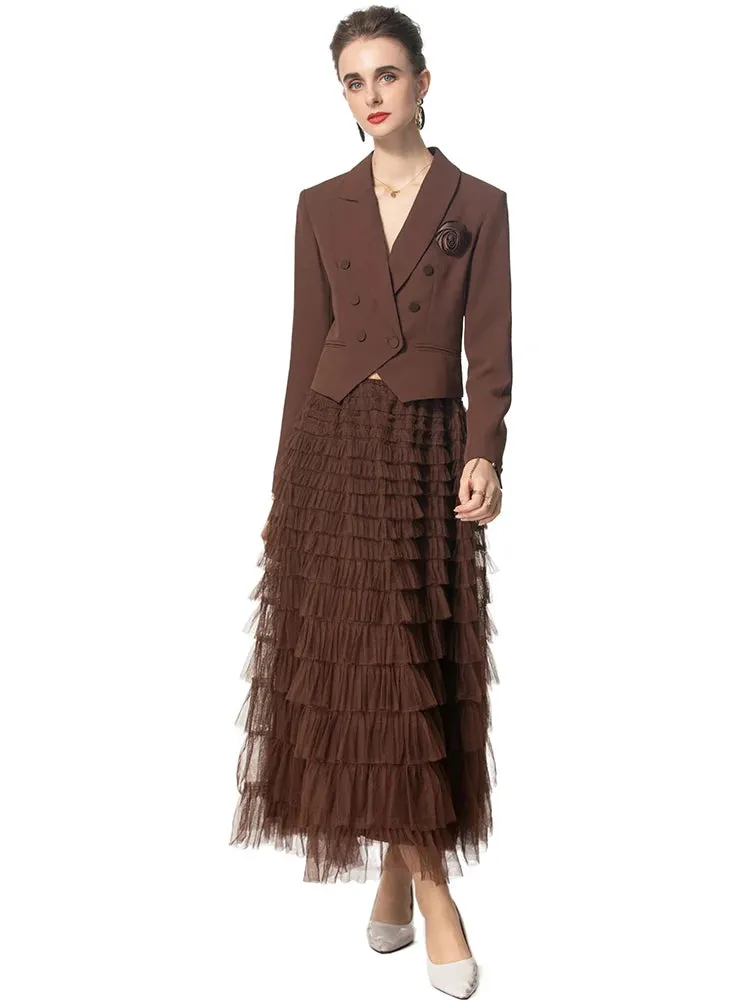 Magnolia Long Sleeves Appliques Tops    Elastic Waist Ruffles Mesh Long Skirt 2 Piece Set