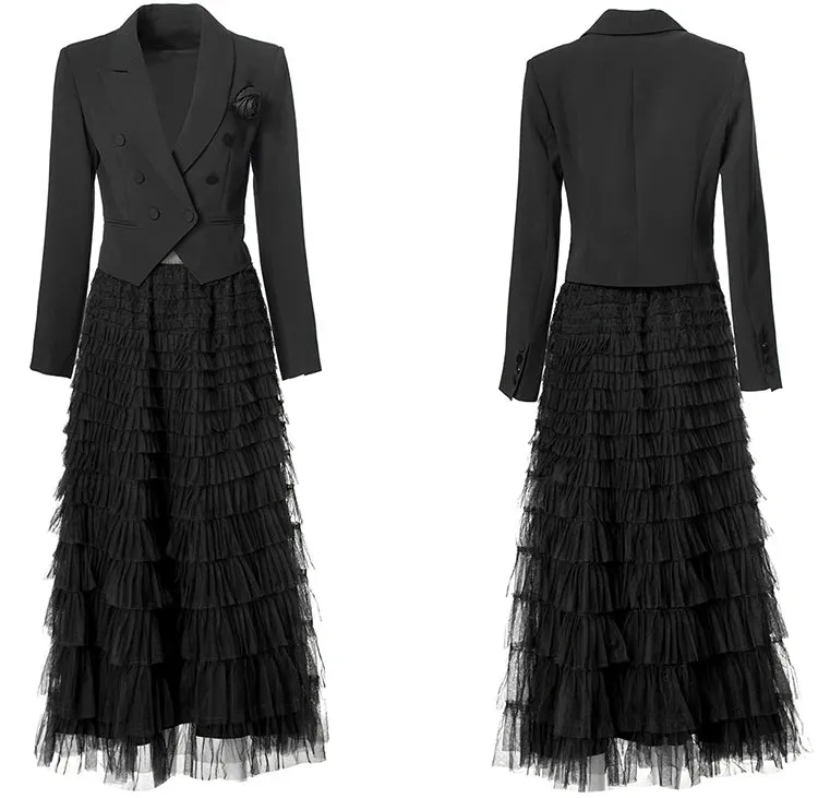 Magnolia Long Sleeves Appliques Tops    Elastic Waist Ruffles Mesh Long Skirt 2 Piece Set