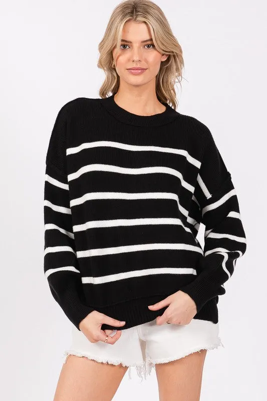 Malike Striped Round Neck Sweater - Black