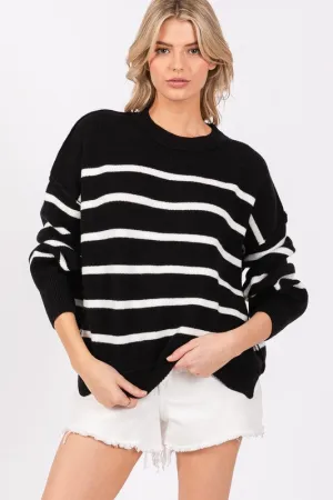 Malike Striped Round Neck Sweater - Black