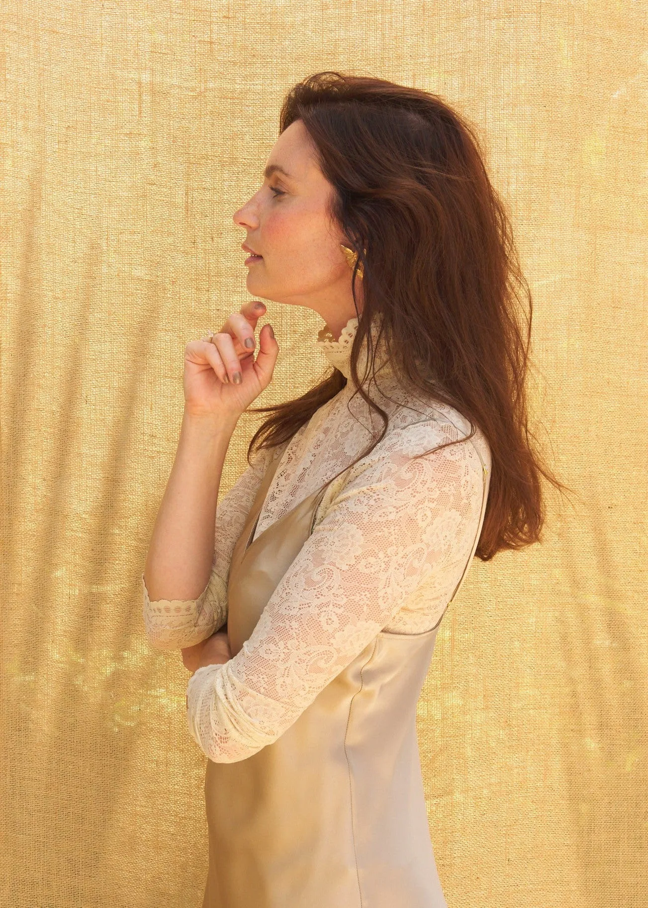 Mazie Mesh Lace Turtleneck in Ecru