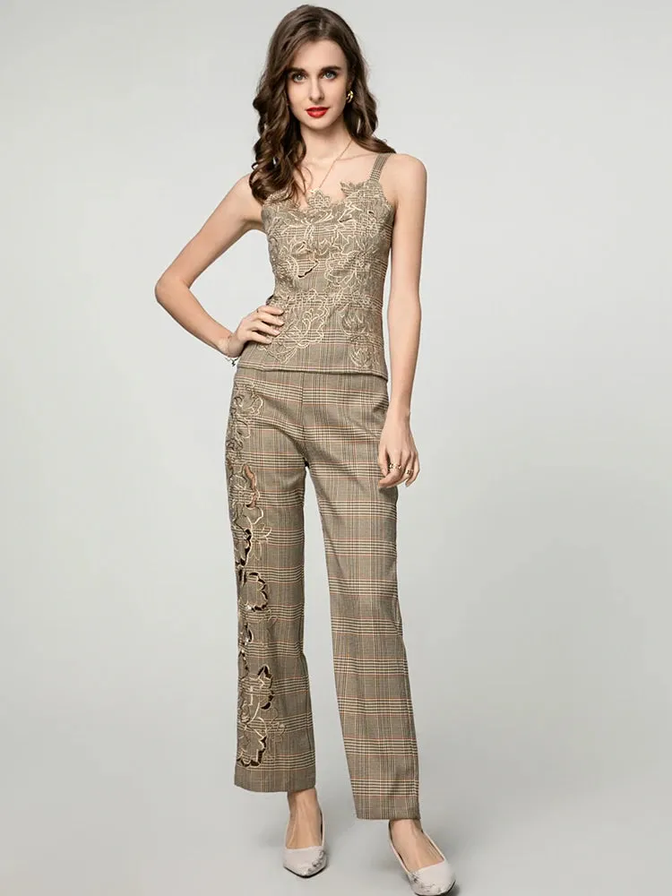 Mila Hollow Out Plaid Sleeveless Top   Trousers Office Lady 2 piece Set