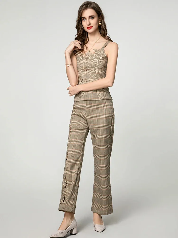 Mila Hollow Out Plaid Sleeveless Top   Trousers Office Lady 2 piece Set