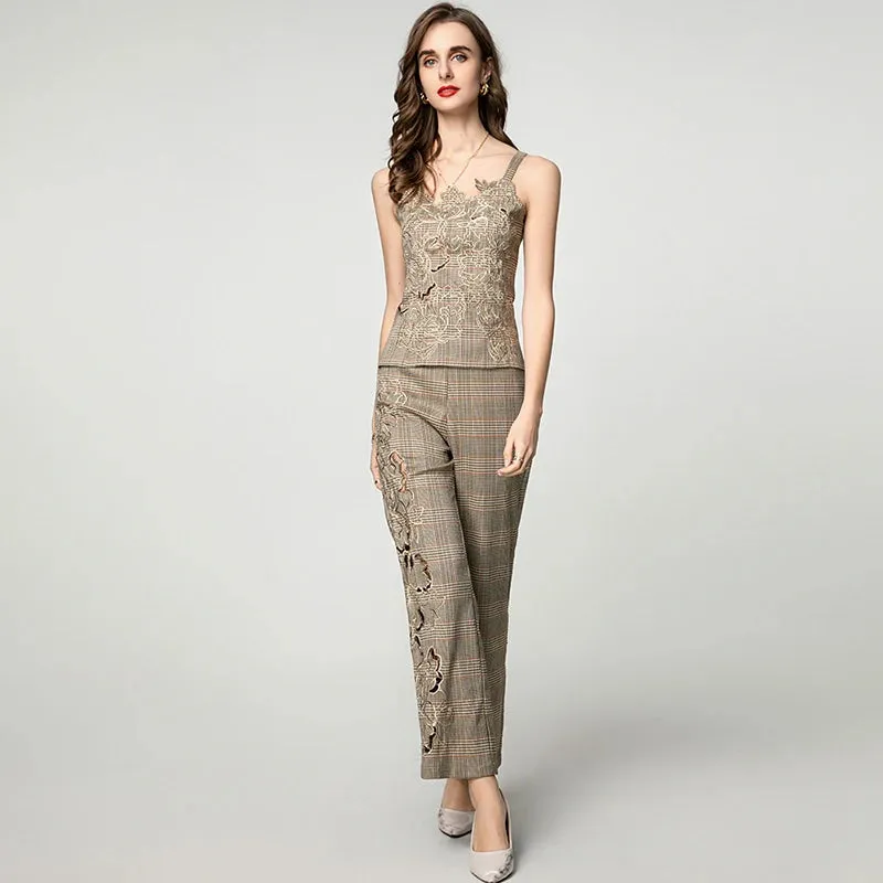 Mila Hollow Out Plaid Sleeveless Top   Trousers Office Lady 2 piece Set