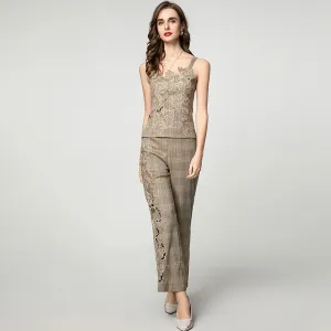 Mila Hollow Out Plaid Sleeveless Top   Trousers Office Lady 2 piece Set