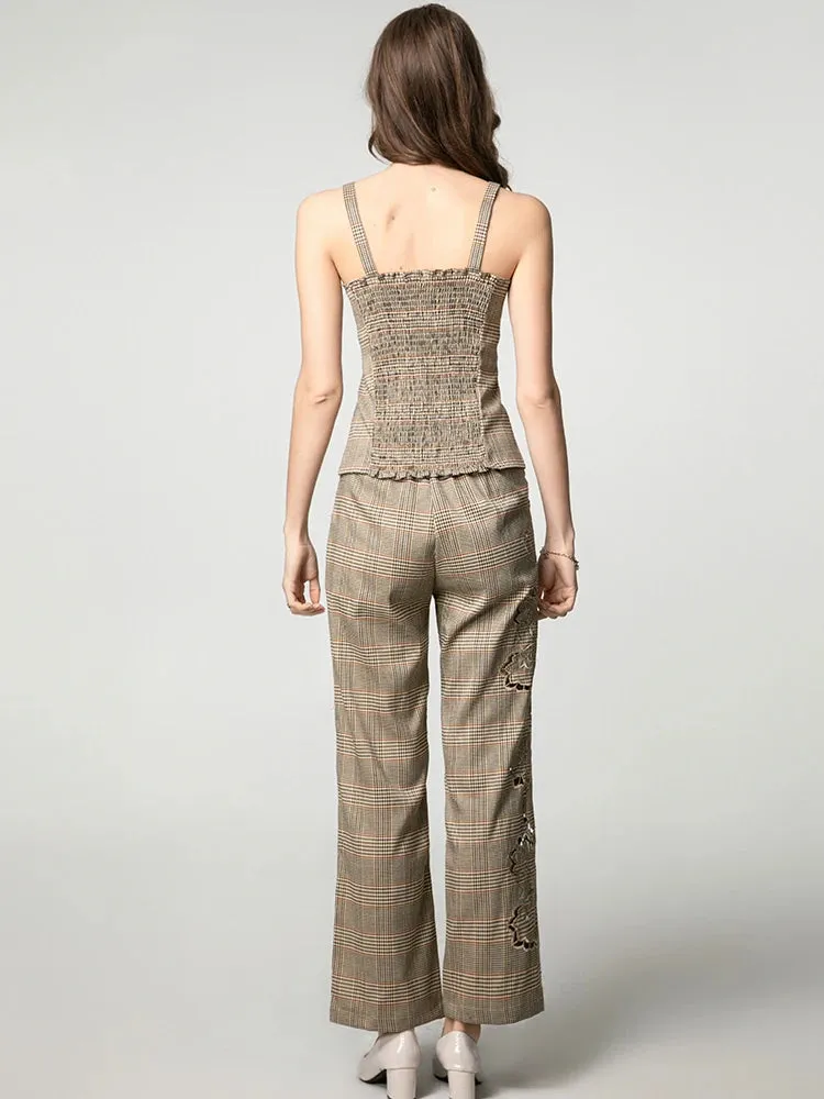 Mila Hollow Out Plaid Sleeveless Top   Trousers Office Lady 2 piece Set