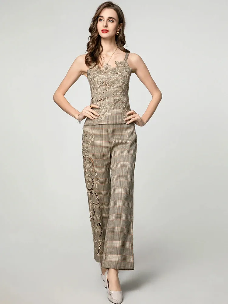 Mila Hollow Out Plaid Sleeveless Top   Trousers Office Lady 2 piece Set
