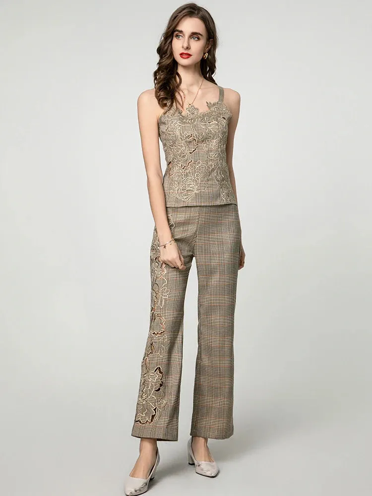 Mila Hollow Out Plaid Sleeveless Top   Trousers Office Lady 2 piece Set