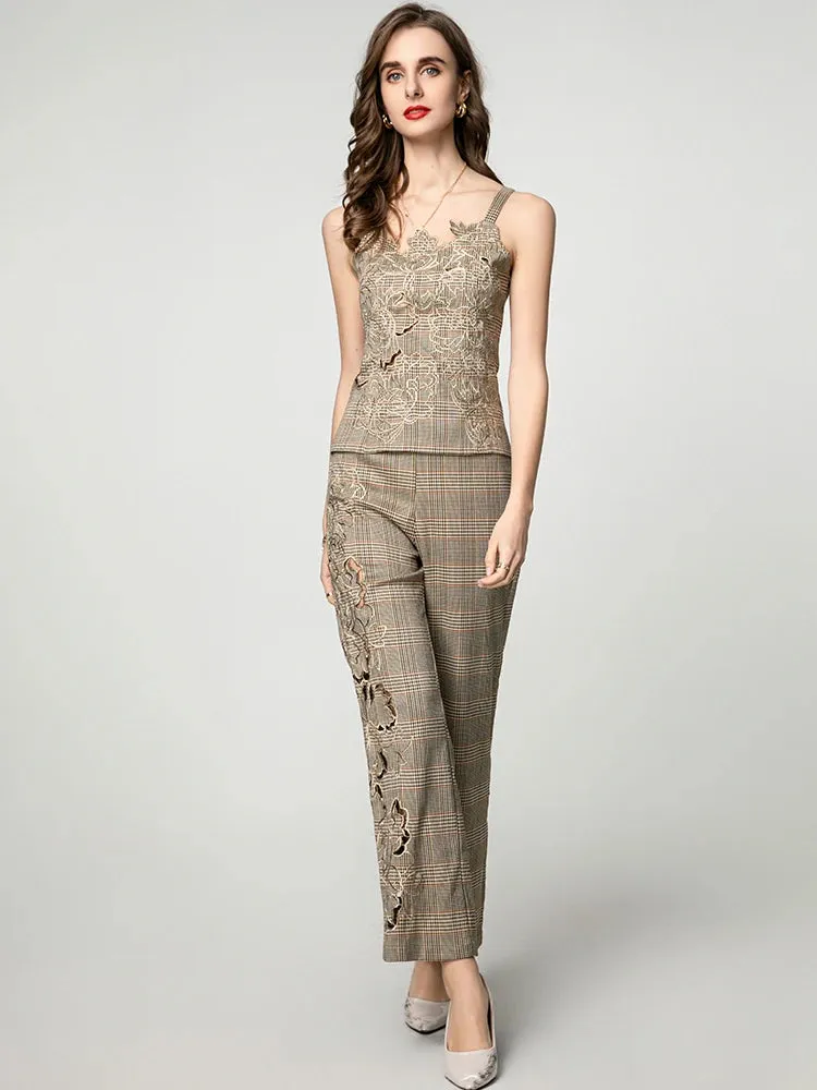 Mila Hollow Out Plaid Sleeveless Top   Trousers Office Lady 2 piece Set