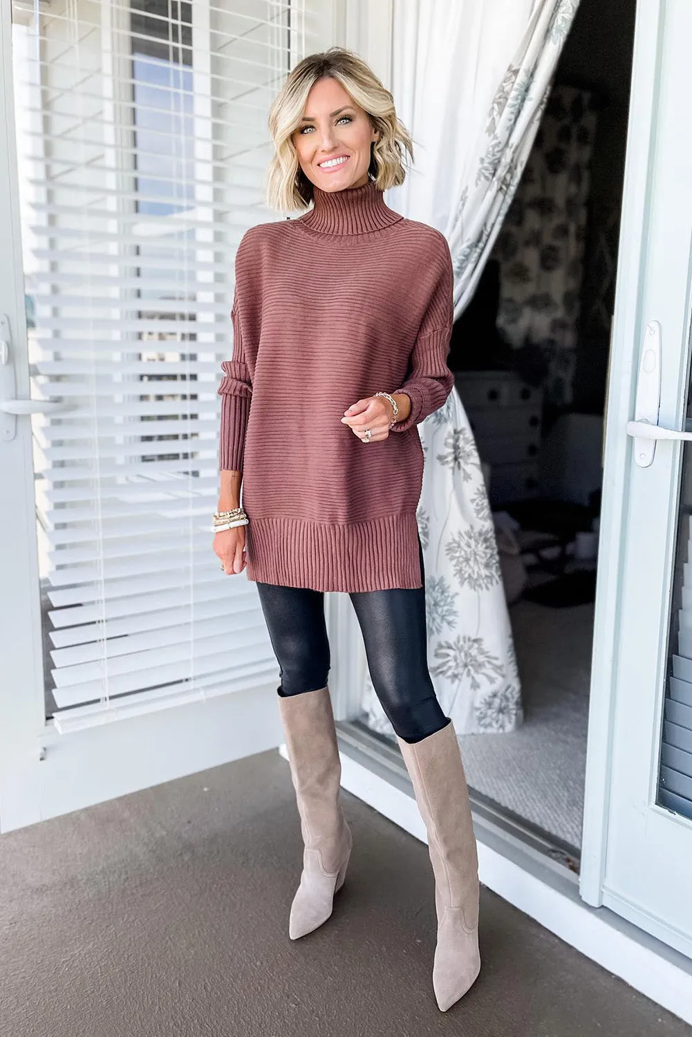 Mineral Red Turtleneck Ribbed Knit Tunic Sweater