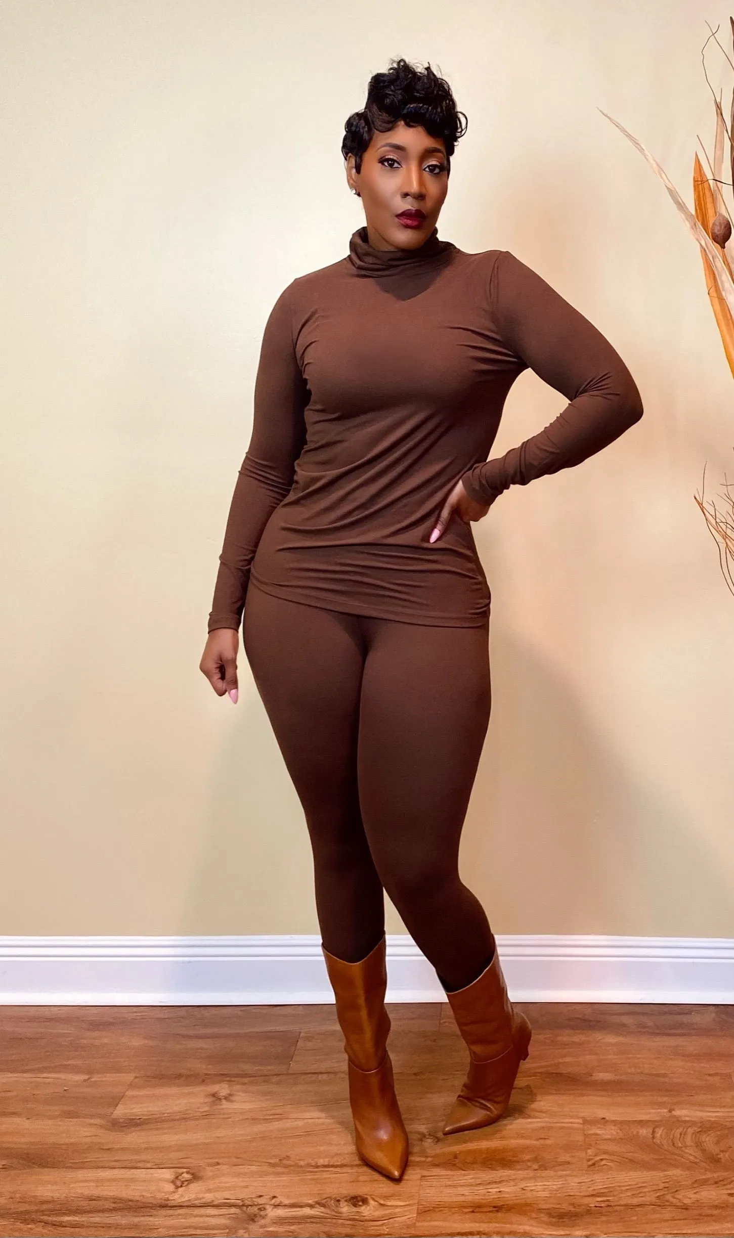 MOCK NECK LEGGING SET (BROWN)