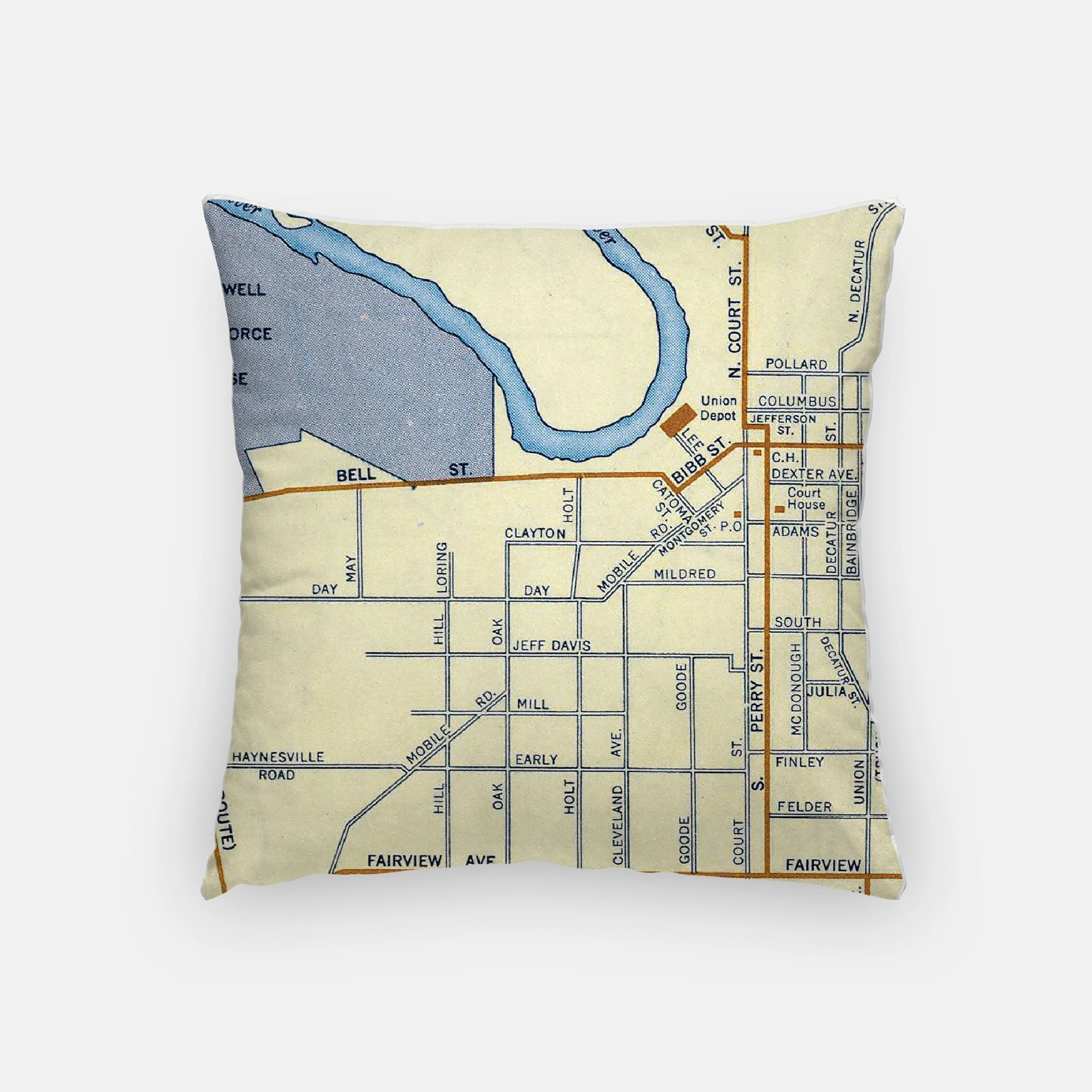 Montgomery Alabama City Map Pillow | 18x18 inches | Zippered cover | full map on back