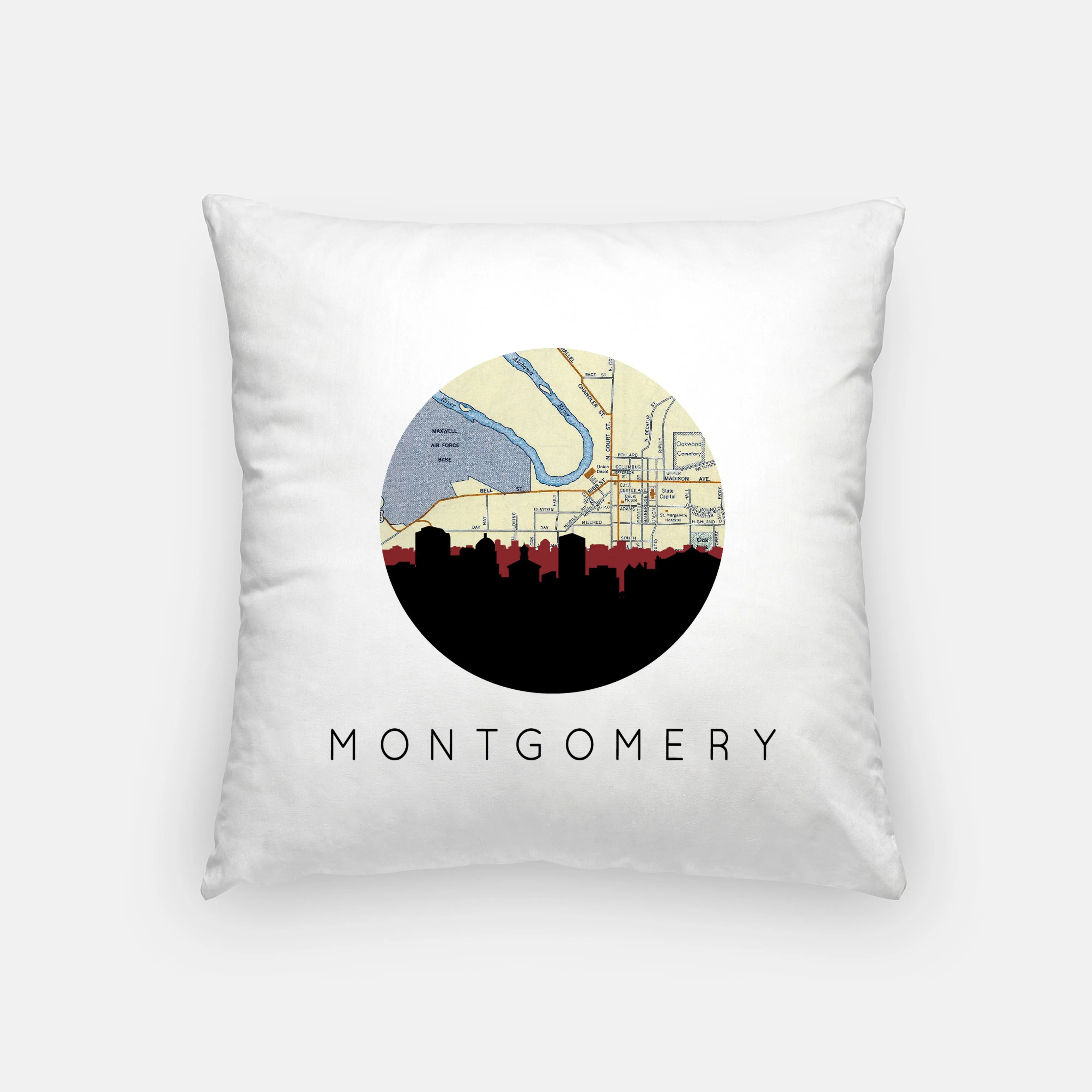Montgomery Alabama City Map Pillow | 18x18 inches | Zippered cover | full map on back