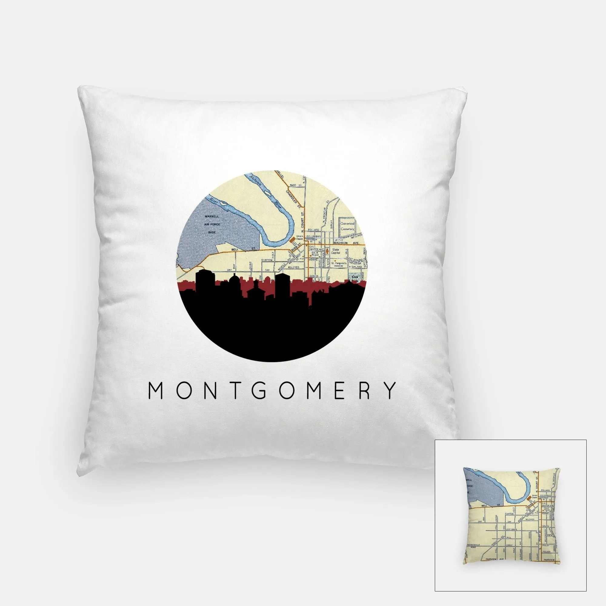 Montgomery Alabama City Map Pillow | 18x18 inches | Zippered cover | full map on back