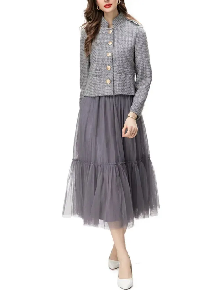 Naomi Tweed Jacket   Elastic Wasit Mesh Skirt 2-Piece Set