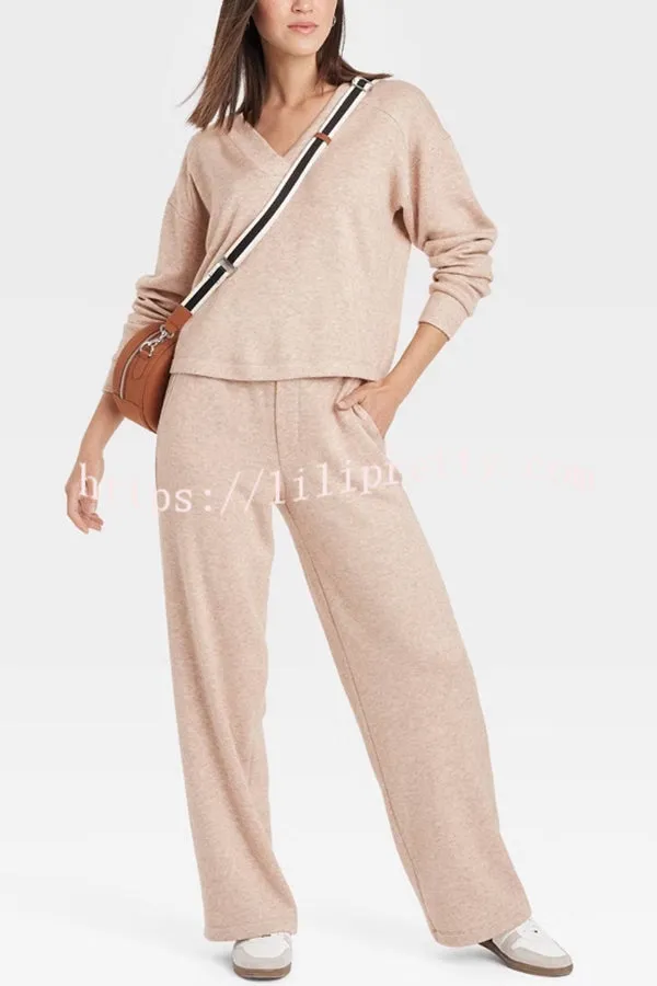 Oatmeal Morning Solid Color V-neck Sweatshirt and Elastic Waist Pocketed Lounge Pants Set