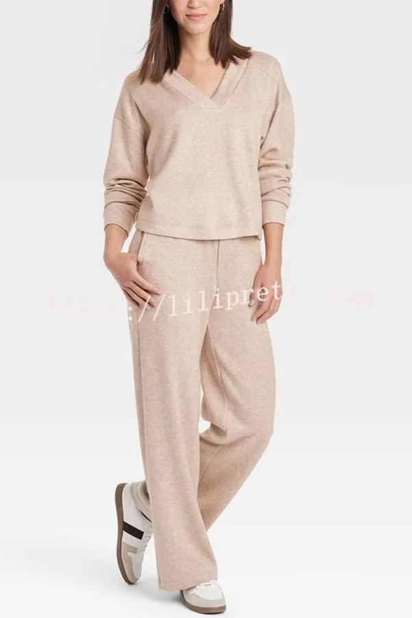 Oatmeal Morning Solid Color V-neck Sweatshirt and Elastic Waist Pocketed Lounge Pants Set