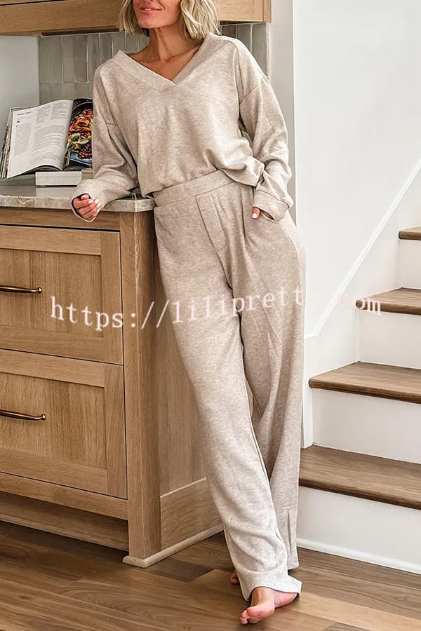 Oatmeal Morning Solid Color V-neck Sweatshirt and Elastic Waist Pocketed Lounge Pants Set