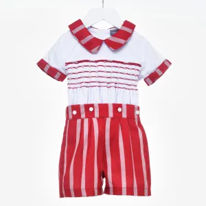 Ocean Baby-Kids Red & Camel Smocked Shorts Suit Set (18M-6Yrs)