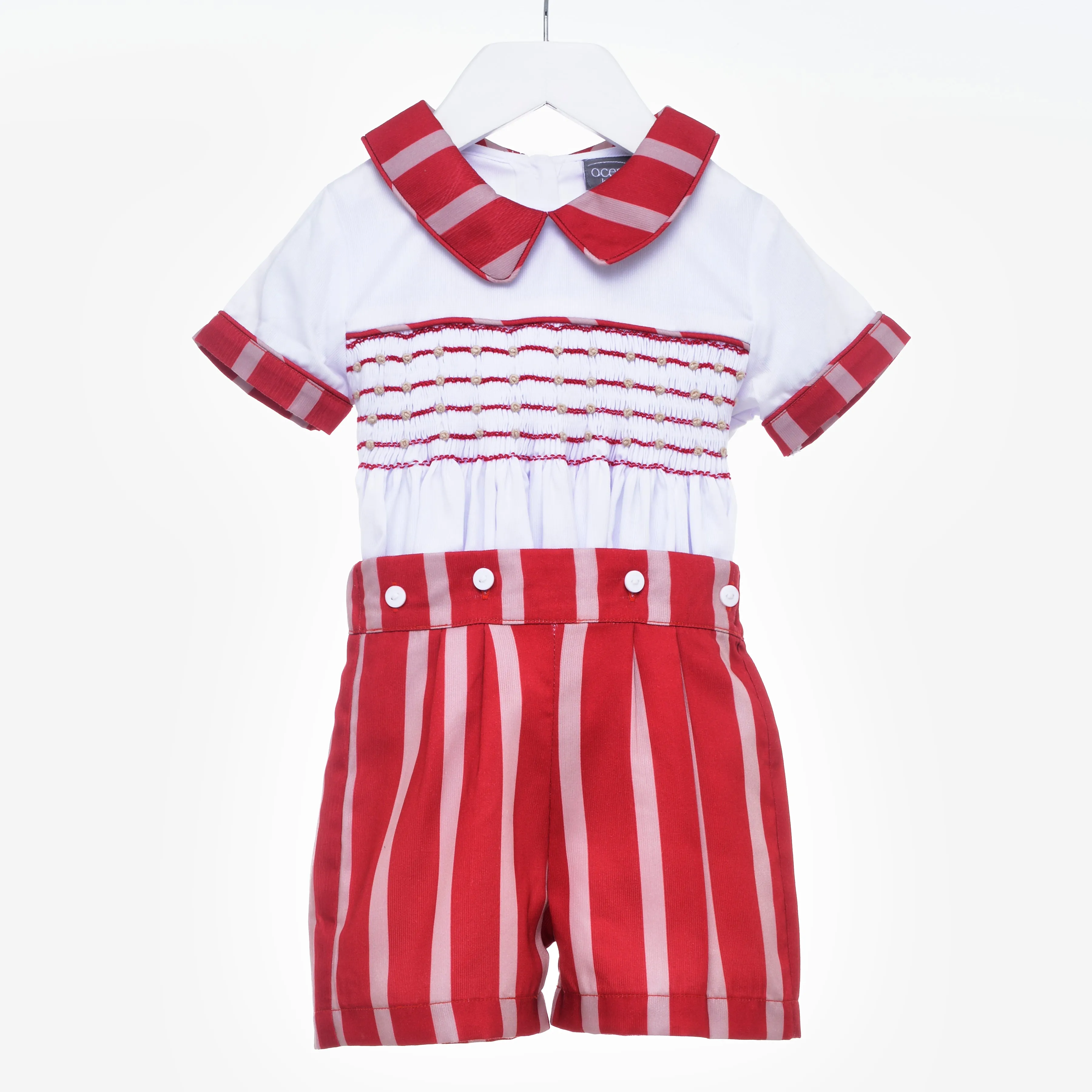 Ocean Baby-Kids Red & Camel Smocked Shorts Suit Set (18M-6Yrs)