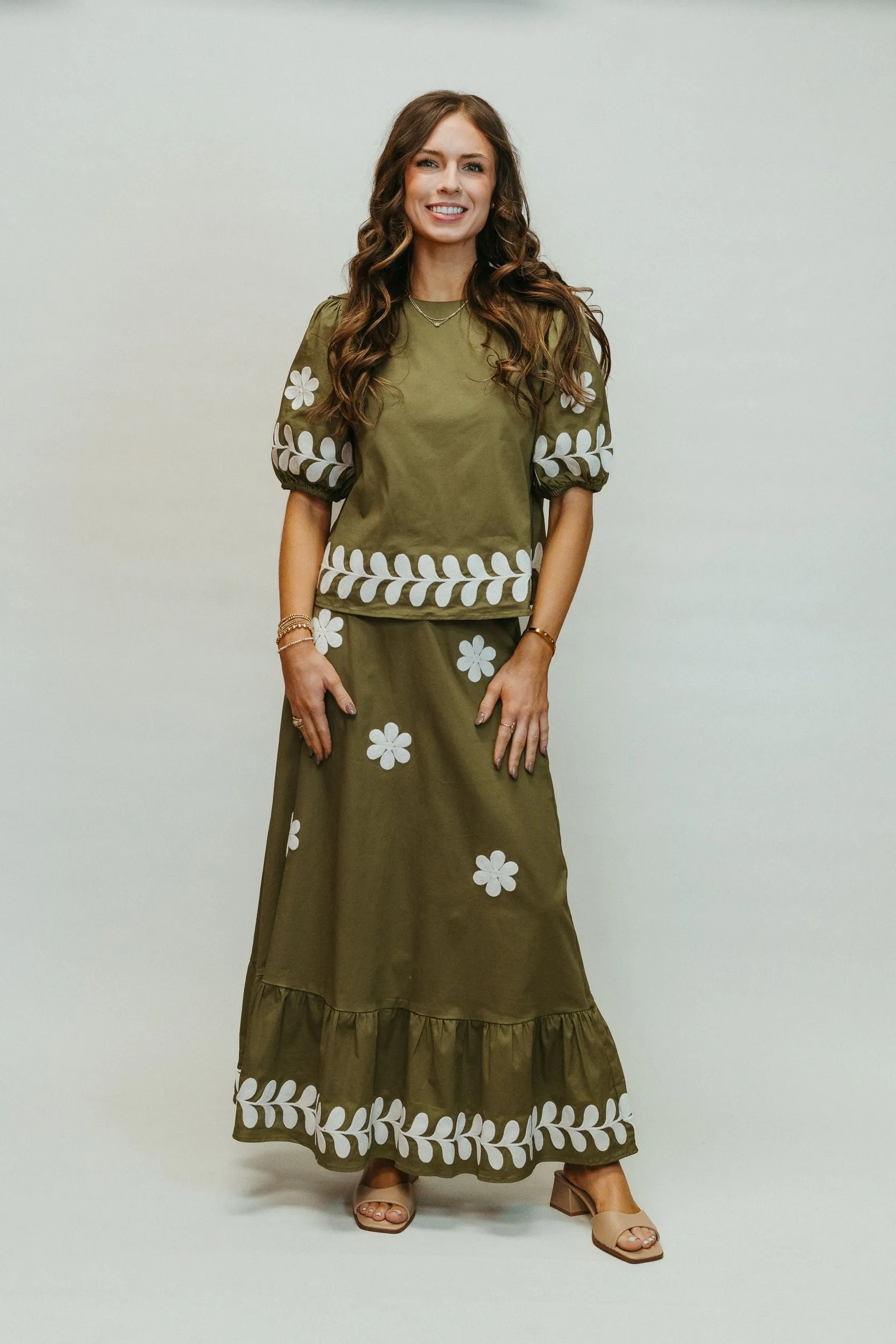 Olive Embroidered Ruffled Midi Skirt S-8339-JK