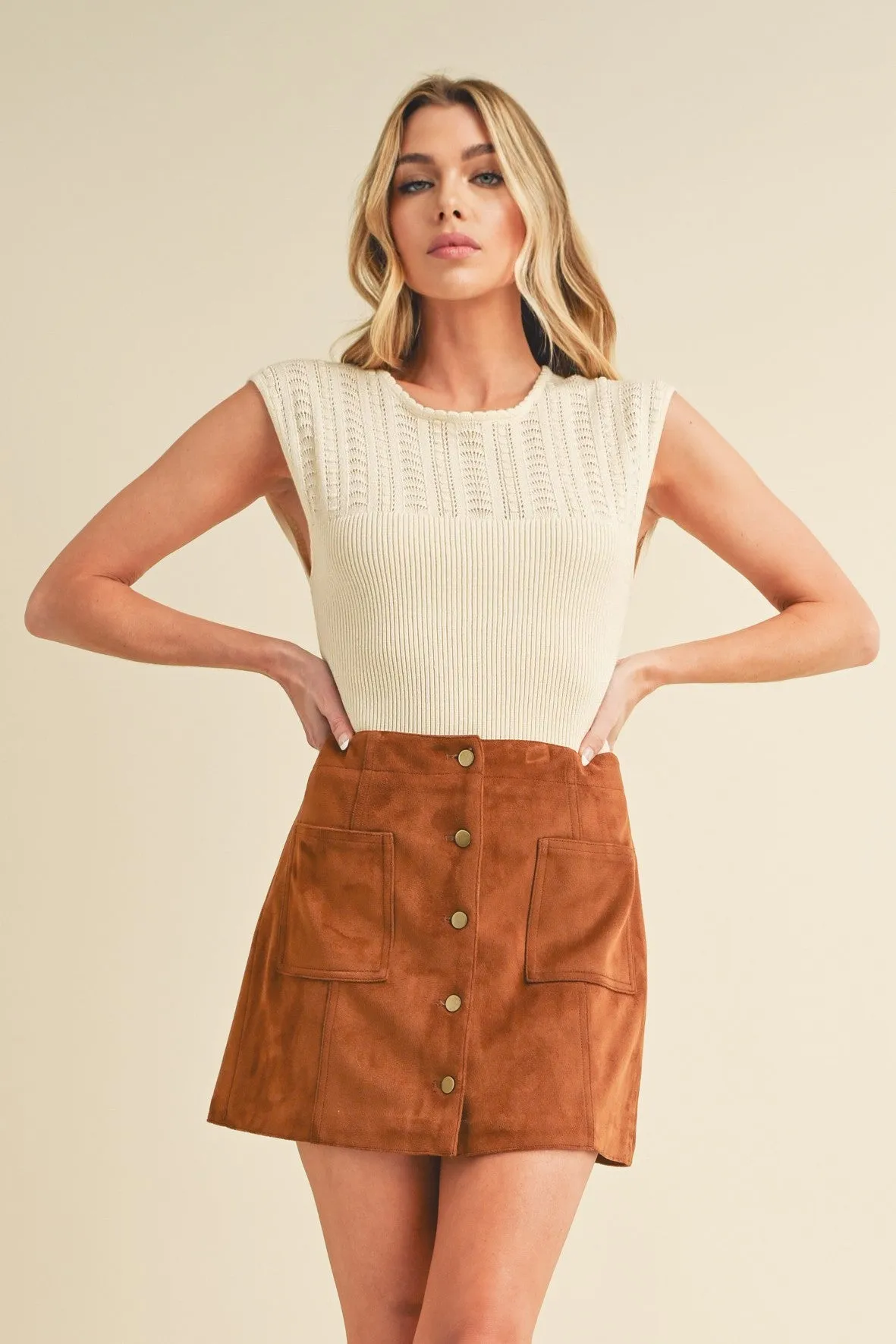 Openwork Round Neck Cap Sleeve Knit Top