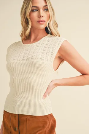 Openwork Round Neck Cap Sleeve Knit Top