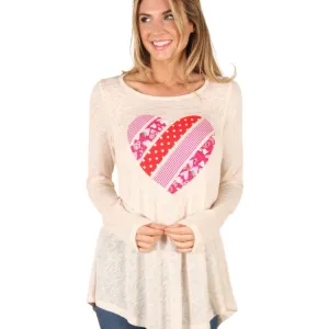 P. S KATE Beige Long Sleeve Pink Red Heart Top B7934