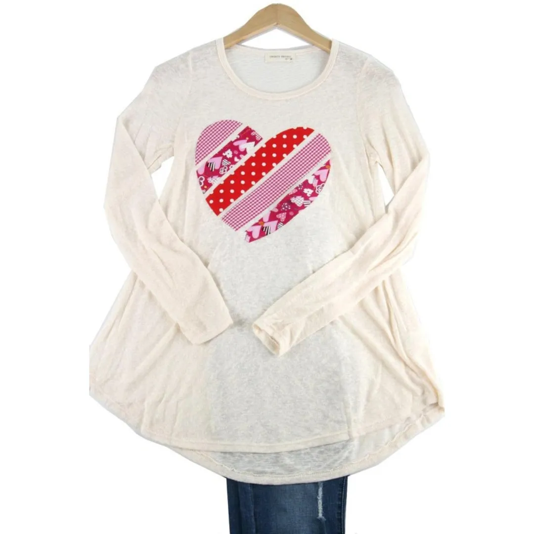 P. S KATE Beige Long Sleeve Pink Red Heart Top B7934