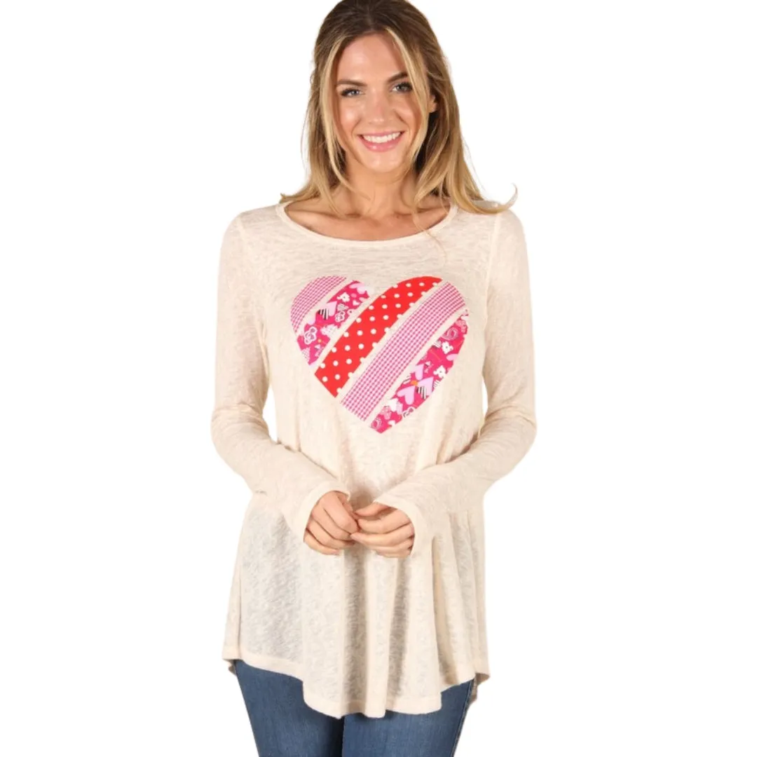 P. S KATE Beige Long Sleeve Pink Red Heart Top B7934