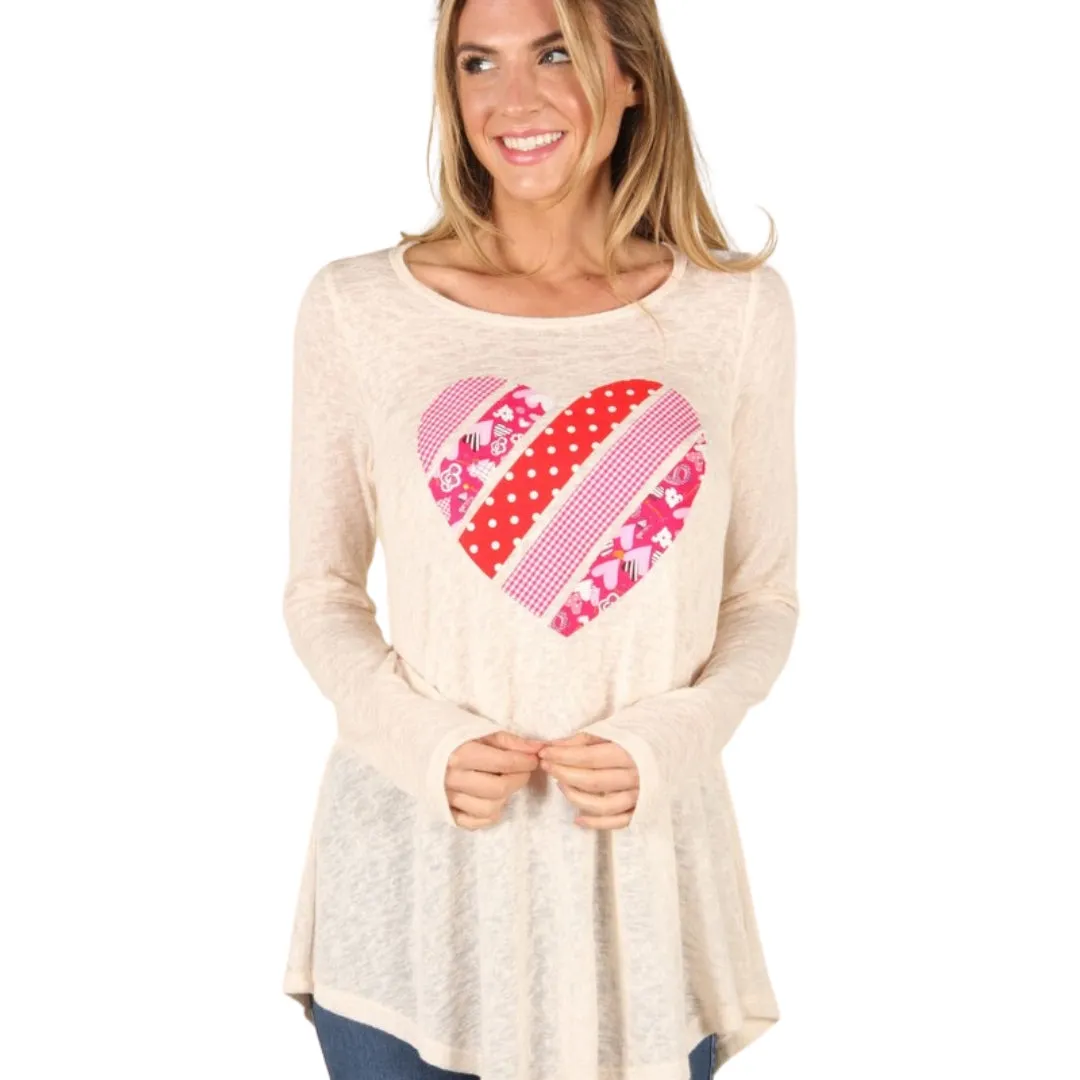 P. S KATE Beige Long Sleeve Pink Red Heart Top B7934