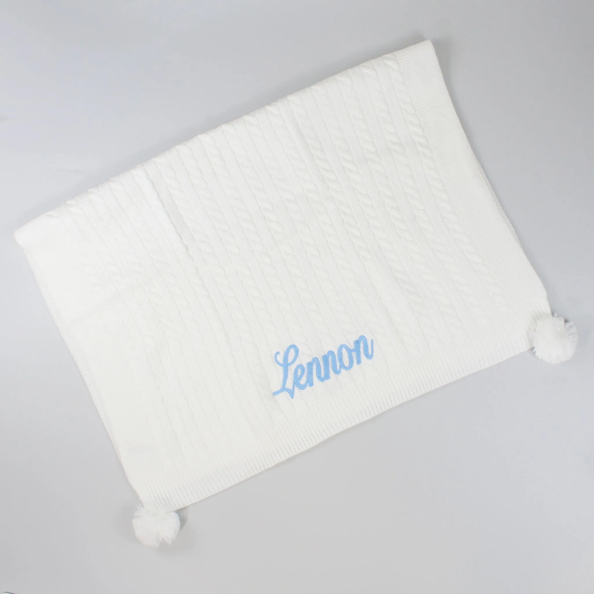 Personalised Knitted Blanket with Pom Poms - White