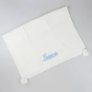 Personalised Knitted Blanket with Pom Poms - White