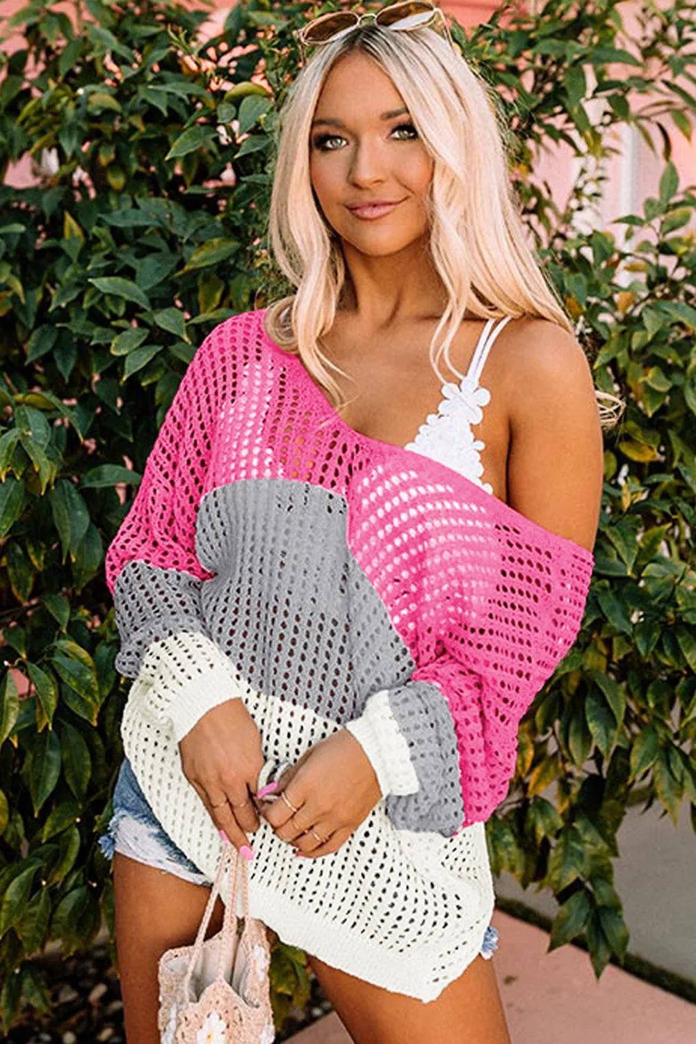 Pink Multicolor Color Block Eyelet Long Sleeve Twisted Back Knit Top