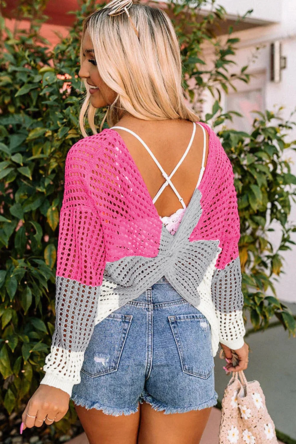 Pink Multicolor Color Block Eyelet Long Sleeve Twisted Back Knit Top
