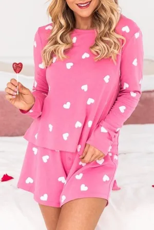 Pink Valentine Heart Print 2pc Shorts Lounge Set