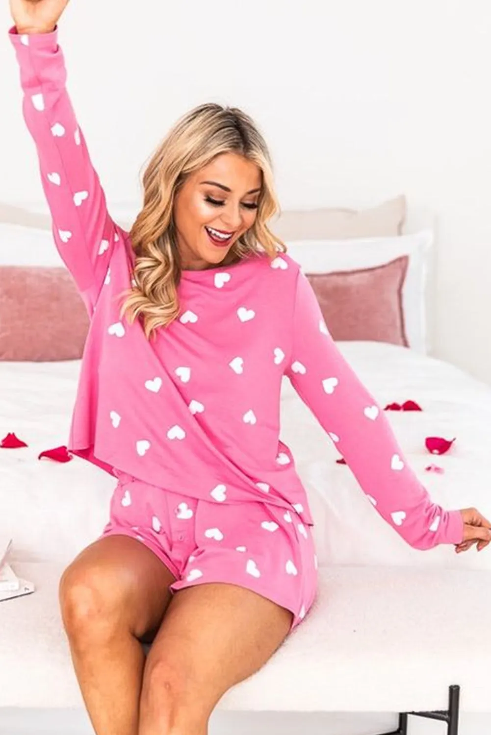 Pink Valentine Heart Print 2pc Shorts Lounge Set