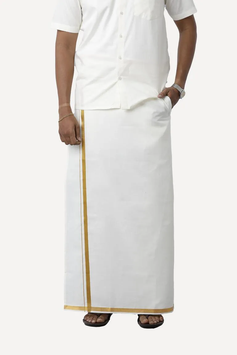 Premium - Cream Shirt And Fixit Gold Jari Dhoti Set For Men | Uathayam