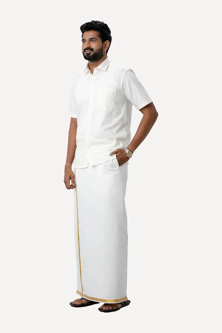 Premium - Cream Shirt And Fixit Gold Jari Dhoti Set For Men | Uathayam